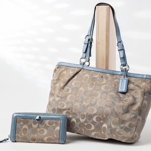 Coach Blue & Silver Monogram Fabric Tote w/ matching wallet
